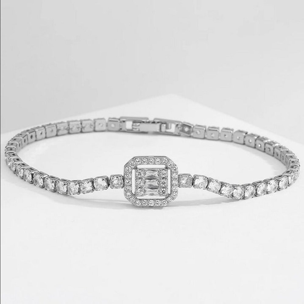 14K White Gold 3ct Square Diamond Baguette Tennis Bracelet Princess Cut Jewelry